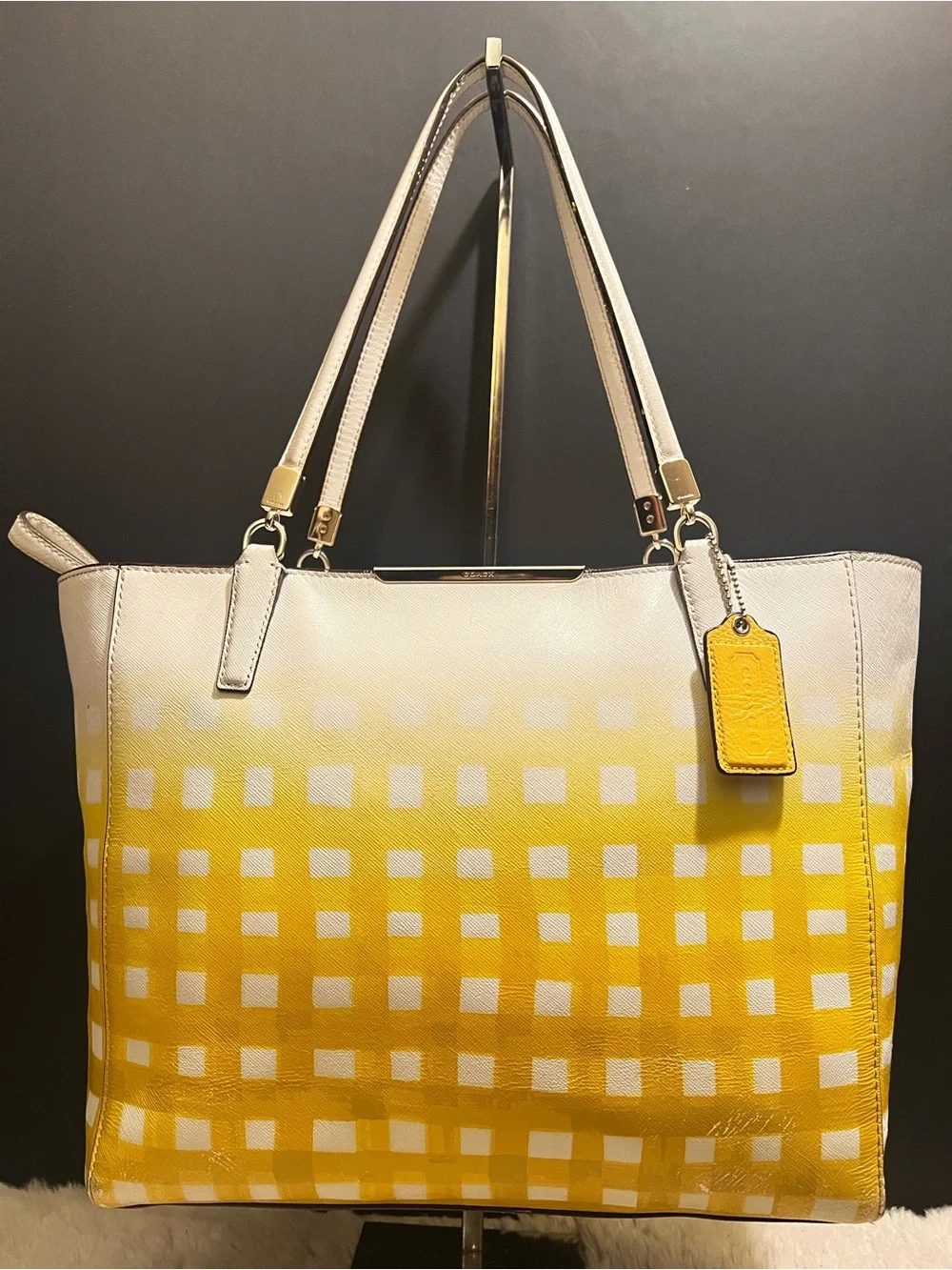 Rare Coach Madison Gingham Leather East West Yellow and Cream Ombre Check Tote